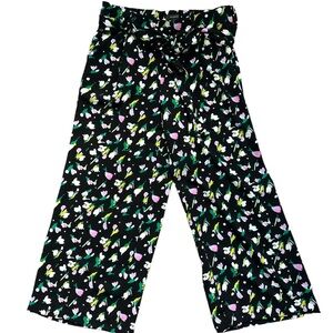 Halogen black floral wide leg cropped trouser pant Belted tie, elastic waist.